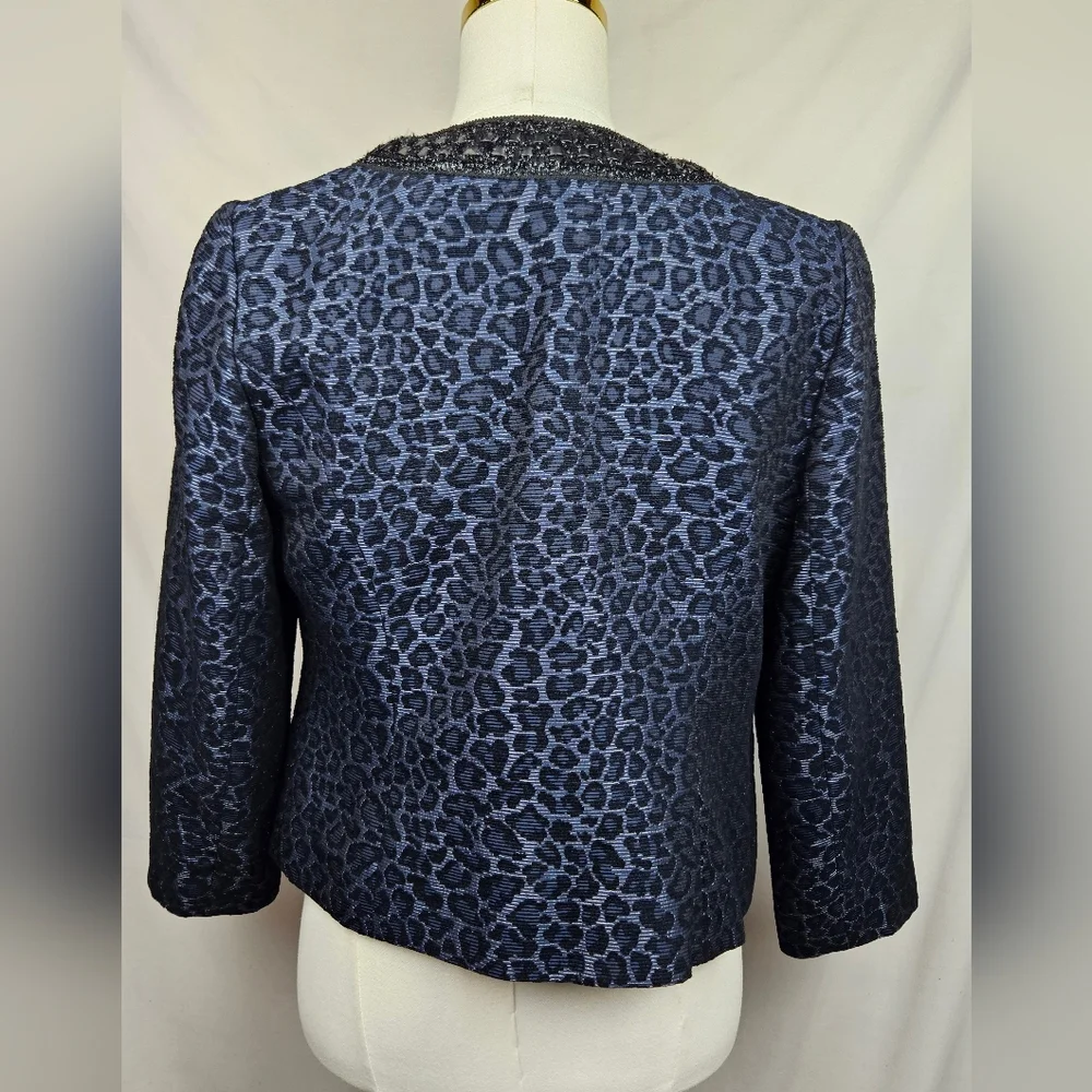 Chicos Leopard Print Metallic Blue‎ Jewel Lined Blazer Sz 0 Maximalist Luxury